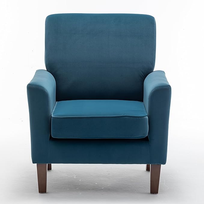 Contemporary Accent Arm Chair with Birch Wood Frame and Velvet Upholstery Armchair for Office and Living Room Decor Removable Cushions Greenish Blue