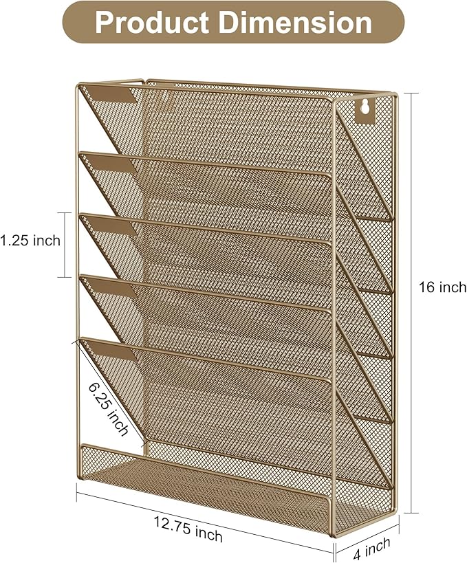EasyPAG 5 Tier Wall File Holder Mesh Hanging Folder Organizer with Classify Label Versatile Desk File Holder Vertical Wall Mounted Mail Organizer for Office Home Cubicle Gold