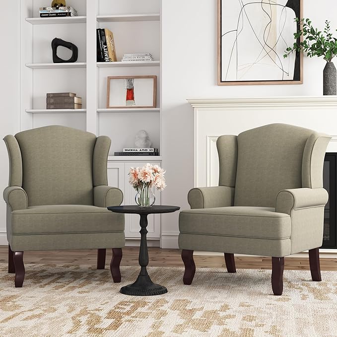 Accent Chair High Back Upholstered Armchair with High Resilience Sponge &amp Wood Legs Mid-Century Modern Comfy Single Sofa Reading Chairs for Living Room Bedroom (Light Camel Set of 2)