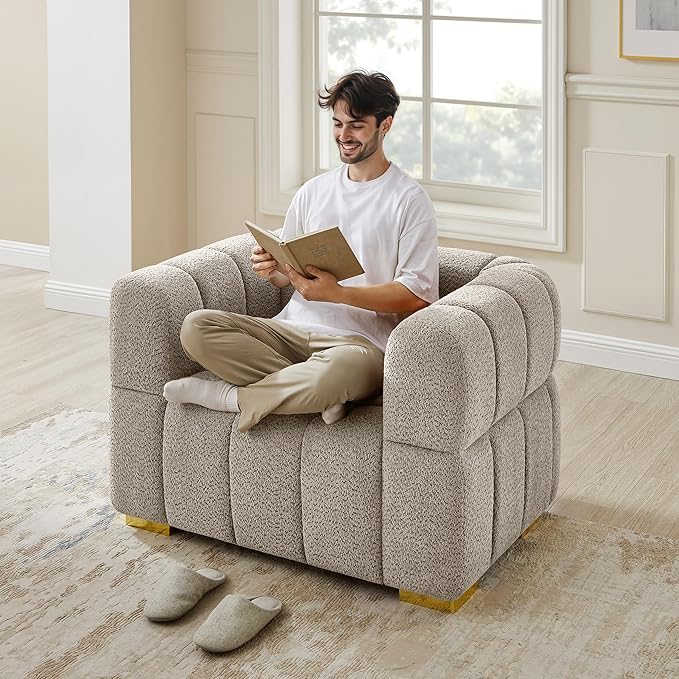 VANOMi Sofa and Chair Set Modern Deep Seat Couch &amp Boucle Sofa Chairs Oversized Upholstered Couch Sets for Living Room Bedroom Office Apartment Camel (2 Pieces)