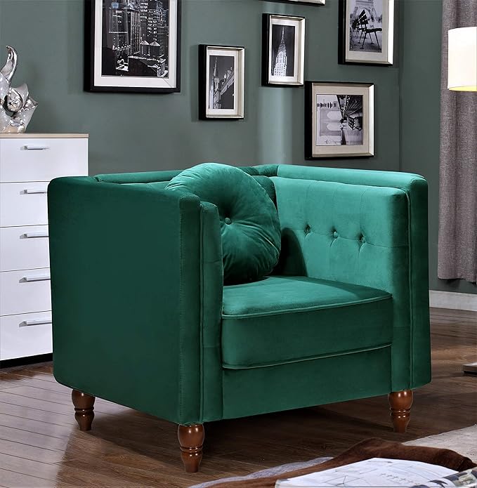 Lexie Velvet Upholstered Mid Century Modern Style Cozy Reading Side Club Arm Sitting Accent Chairs for The Bedroom Living Nursery Kids Room and Home Office Green