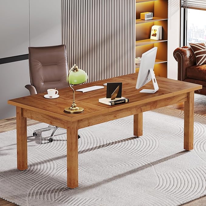 Tribesigns 70 Inch Large Computer Desk Farmhouse Office Desk Writing Study Desk with Solid Wood Leg's Executive Desk with Thickened Frame and Board
