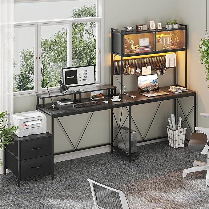 L Shaped Gaming Desk with DIY Pegboard Home Office Computer Desk with Raised Display Stand 2 Drawers and LED Glass Cabinets Corner Desk with Printer Desktop&ampPower Outlet Black