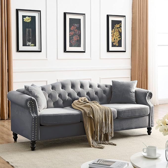 Dreamzie 79 Chesterfield Sofa Couch 3-Seater Velvet Vintage Couch Mid Century Modern Sofa with Rolled Arm for Living Room Office Light Gray