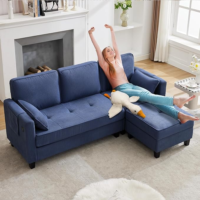 Grepatio Sectional Sofa Couch 80 L Shaped Convertible Sofa with 2 Pockets &amp USB Ports 3-Seater Comfy Cloud Modular Couches with Movable Storage Ottom for Living Room Apartment Small Space (Bl