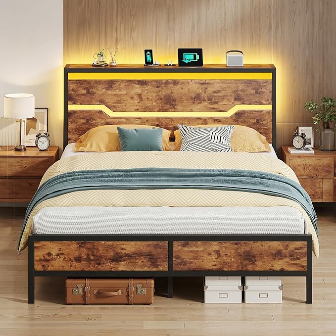 Full Size Bed Frame with LED Lights &amp Charging Station Bed Frame Full with Headboard13 Under Bed Storage Noise-Free Heavy Duty Metal Support Modern Brown