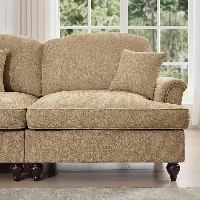 Casaphoria Mid-Century Modern Oversized Loveseat Sofa 2-Seater Chenille Couch with Removable Ruffle Skirt Flared Arms Spindle Legs &amp Throw Pillow for Living Room Apartment