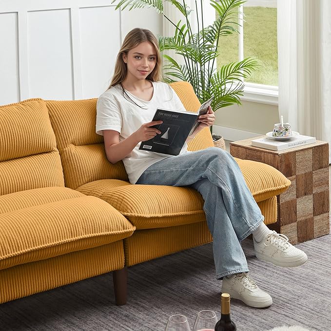 Convertible Futon Sofa Bed 72 Loveseat Couch with 3-Level Adjustble Backrest Modern Futon Loveseat Sofa for Living Room Apartment Yellow