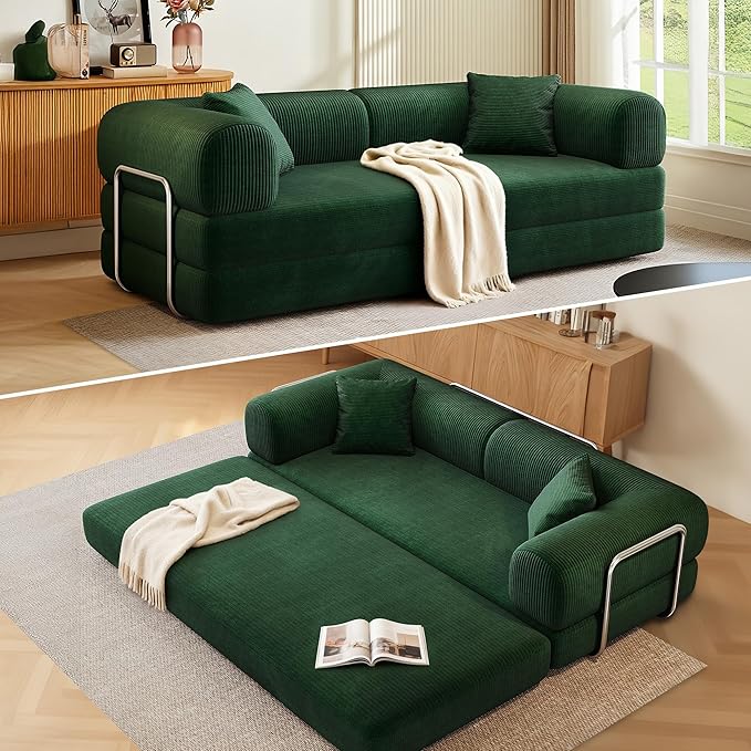 78.5'' Convertible Folding Sofa Bed – 4-in-1 Modular Floor Couch Corduroy Small Cloud Couch Compressed Foldable Sleeper Sofa King Size Futon for Bedroom Guest Room (Green (Dark))