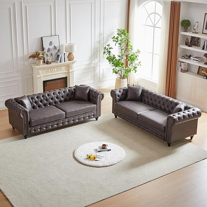 Modern Chesterfield Sofa Couch 85.5-inch Faux Leather 3-Seater Sofa with Rolled Arms and Tufted Button for Living Room Office Grey