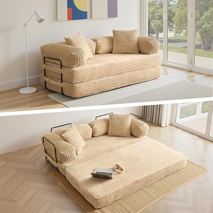 4-in-1 Folding Convertible Sleeper Sofa Bed81 Plush Corduroy Boneless Couch Pull Out BedsLoveseat Floor Futon for Small Spaces Living Room Bedroom ApartmentBeige