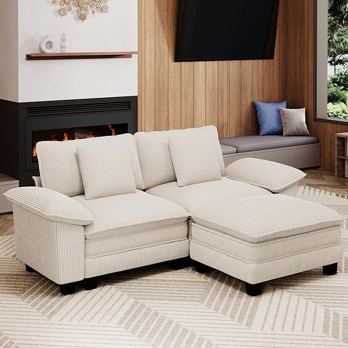 87-Inch L Shaped Sectional Sofa with Cloud Cushions Deep Seat Modular Couch Set w/ 3 Seats &amp 1 Ottomans Removable Arms Plush Corduroy Upholstery for Living Room Apartment - Beige