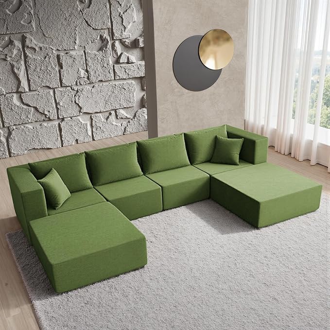 YINIX 140 Modular Sectional Sofa Couches Corduroy Sleeper Deep Seat Sofa Bed Comfy Cloud Couch for Living Room Floor Sofa 6 Piece Free Combination Compression No Assembly Required Green