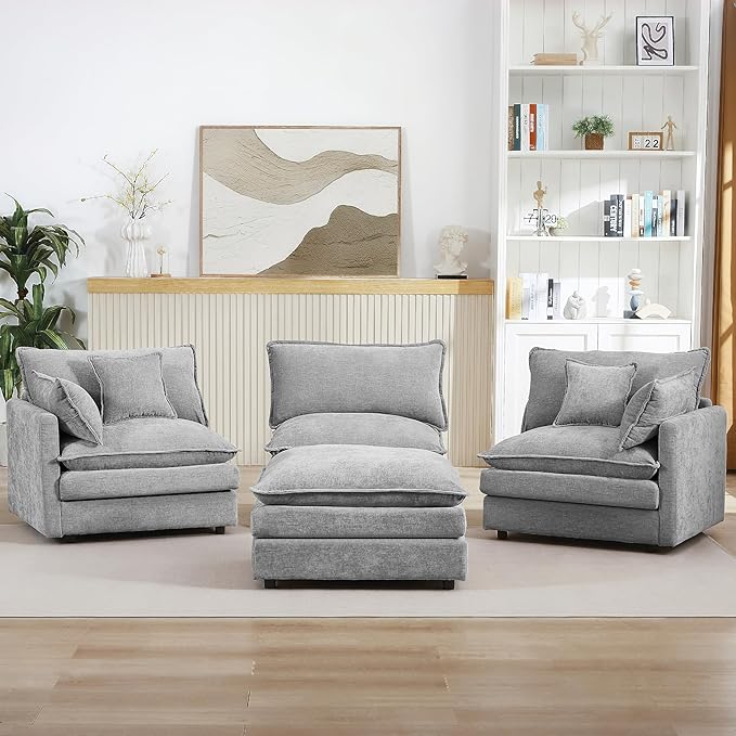 Grey Sectional Modular Sofa Cloud Couch 105 Modern Convertible L-Shape Sofa Deep 3-Seater Soft Chenille Comfy Upholstered with Removeable Ottoman Set and Removable Cushions for Living Room