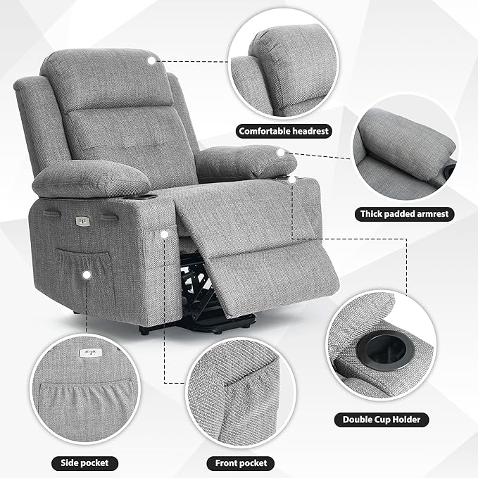 Power Lift Recliner Chair for Elderly with Massage &amp HeatLinen-Cotton Electric Recliner with USB Ports Cup Holders Side Pockets Lift Chair for Living Room Bedroom