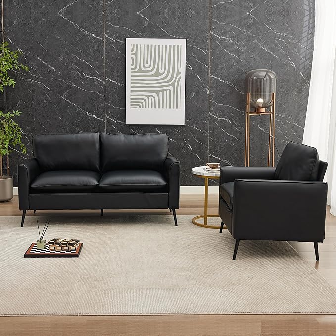 Okeysen Modern Leather Loveseat Set Upholstered Couch for Guest Mid-Century Accent Chairs for Living Room Comfy Couches for Small Spaces Sofa Chair Reading Chair for Waiting Room.
