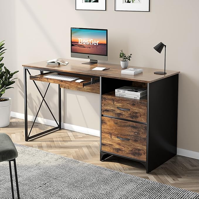 Bestier Office Desk with Drawers 55 inch Industrial Computer Desk with Storage Wood Teacher Desk with Keyboard Tray &amp File Drawer for Home Office Rustic Brown