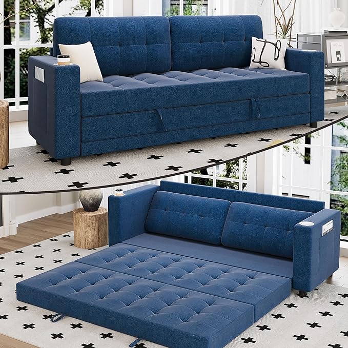 Upgraded Queen Size Futon Sofa Bed 83 Thick Upholstery Loveseat Sleeper Sofa Pull Out Couch Convertible Floor Couch for Bedroom/Entertainment Room/Apartment (Blue)