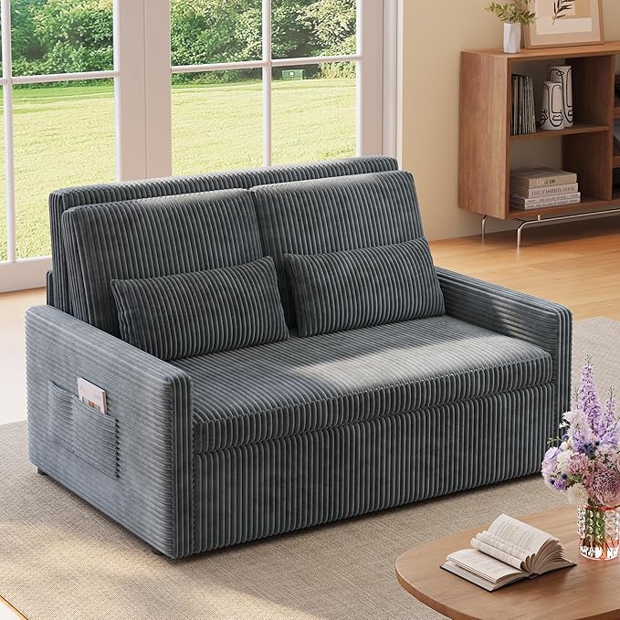 Ahomly 77.2'' Extended Pull Out Sofa Bed 3-in-1 Convertible Loveseat Sleeper Couch Bed Corduroy Sofa for Living Room Bedroom Apartment Dark Grey