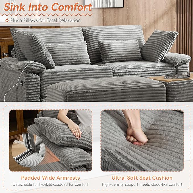 75 Corduroy Loveseat with Storage Ottoman Cloud Deep Seat Couch with Convertible Ottoman Coffee Table &amp USB Double Chaise Lounge for Living Room Grey