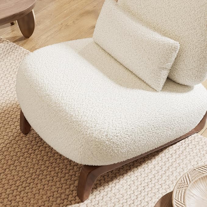 Morden Fort Boucle Chair Upholstered Accent Chair Tilted Wooden Leg with Durable Comfy Boucle Pet-Friendly Thick Cushion &amp Pillow Armless Modern Chairs for Living Room Bedroom Reading Beige