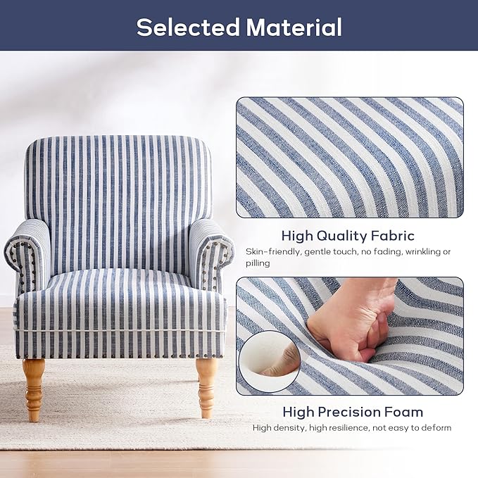 HUIMO Linen Fabric Accent Chair Mid-Century Modern Armchair with Solid Wood Legs Single Sofa ChairUpholstered Reading Club Chair (1 Dark Blue and White Stripe)