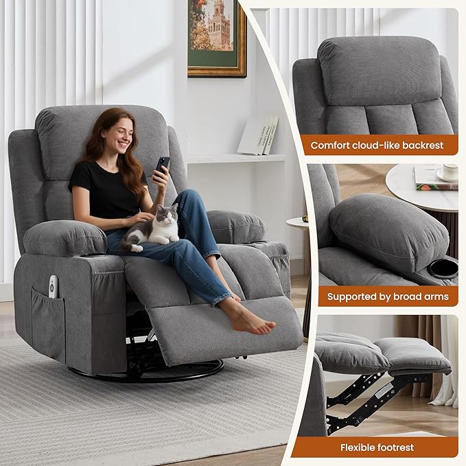 Swivel Rocker Recliner Chair with Vibration Massage and Heat for Living Roomwith Rocking Function and Side Pocket USB Charge Port2 Cup Holders