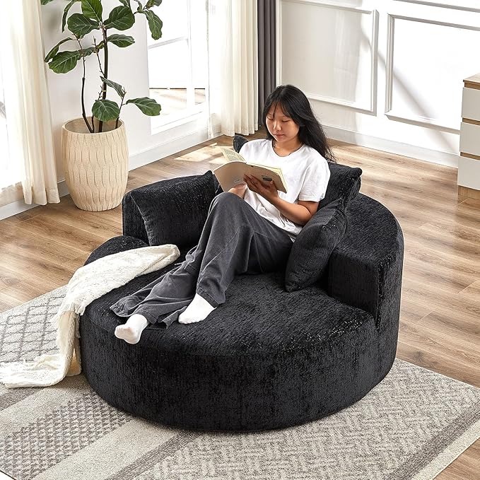 55''L Chenille Sponge Single Sofa Oversized Round Chair Fluffy Modern Longue Chair for Living Room Projection RoomWide Armrest Lounge Chairs Armchair with Pillow Black