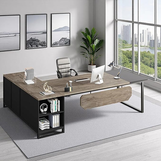 Oigavfd 70.8 L Shape Executive Desk with File Cabinet and Printer Stand L Shaped Computer Desk with Storage and Metal Frame Corner Desk for Home Office (Retro Gray &amp Black)