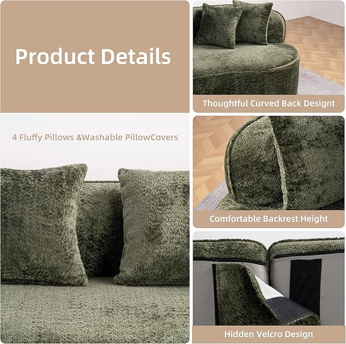 114 Curved Sectional Sofa Couch4 Seater Oversized Boneless Cloud Couch with 4 Throw PillowsModern Comfy Chenille Memory Foam Sofa Deep Seat Couches for Living Room (Green 114.2 Inch)