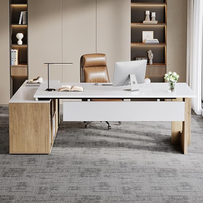 Tribesigns 74.8 Inch Executive Desk Large Office Desk with Cabinet L Shaped Computer Desk with Shelves and CPU Storage Modern Home Office Desks Business Furniture Workstation Set White and Wood