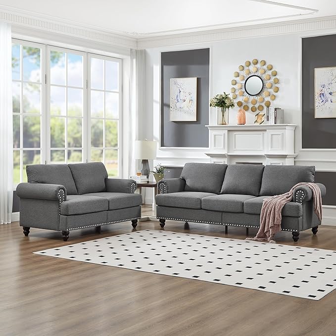 2 Pieses Living Room Sofa Sets Linen Fabric Couch and Loveseat with Nailhead Decor Soild Wood Legs Rolled Armrests &amp Storage 2PCS Sofas 3 Seaters Couch and Love Seat for Living Room Furniture S