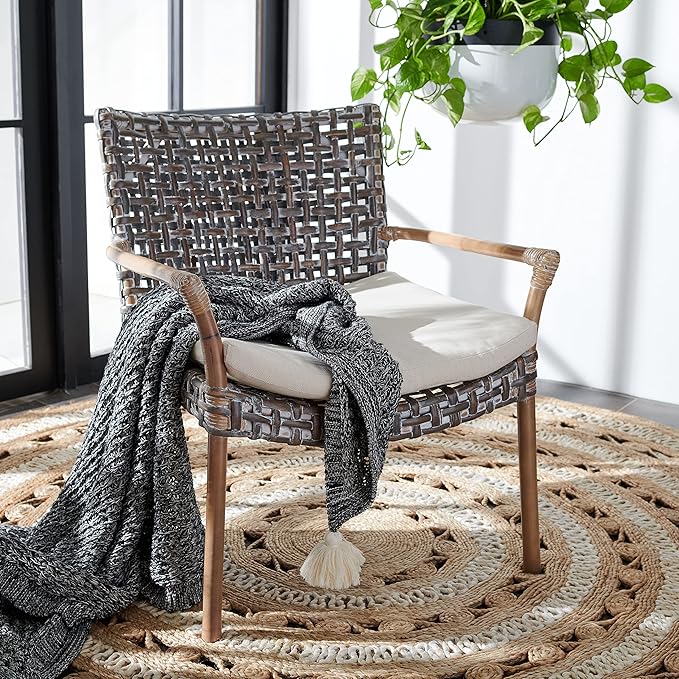 SAFAVIEH Home Collection Collette Grey Rattan Cushion Accent Chair White Washed/White