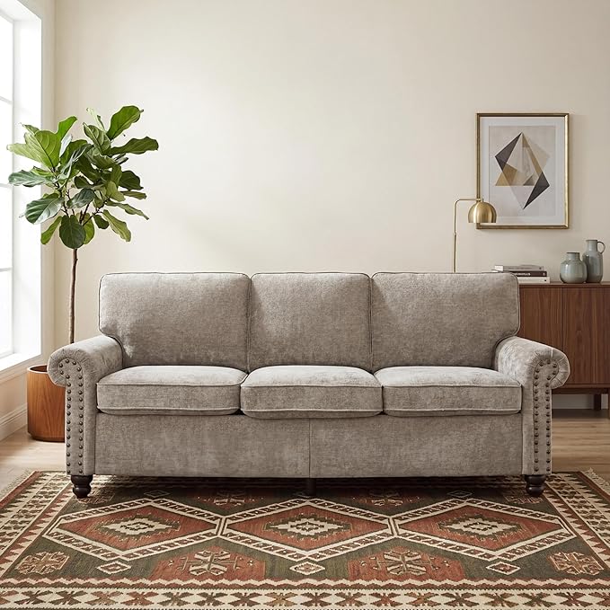 81.5 Rolled Arms Sofa Classic Couch with Nailhead Trim 3-Seater Sofa with Springs Deep Seat Cushion &amp Wooden Legs Comfy Vintage Couch for Living Room Apartment Farmhouse Grey Beige | Rolled