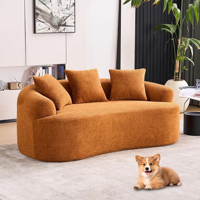 65 Curved Loveseat Sectional Sofa for Living Room Modern Plush Chenille Cloud Round Deep Seat Compressed Boneless Couch with 3 Throw Pillows for Small Apartment No Assembly Needed Orange