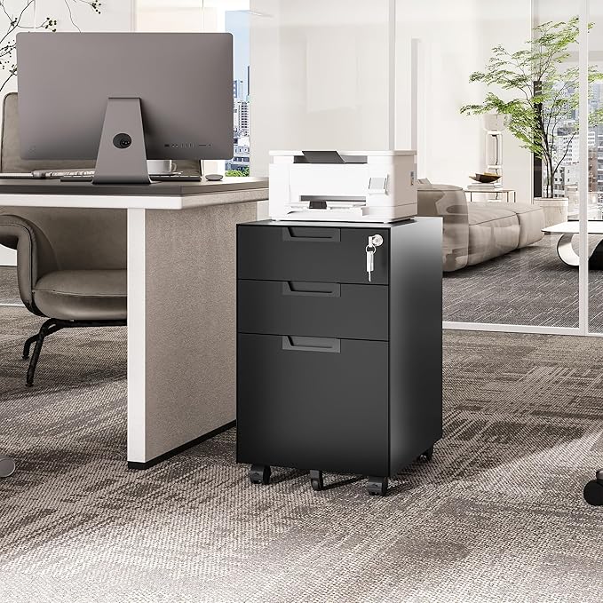 3 Drawer Vertical File Cabinet Mobile Filling Cabinets with Lock for Legal/Letter Size Pre-Built Office Storage File Cabinet with Wheels Under Desk - Fully Assembled