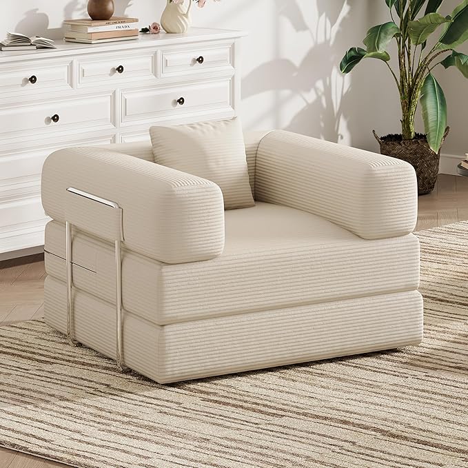 Folding Sofa Bed 2 in 1 Convertible Sofas to Lounger Comfy Single Bean Bag Chair Floor Portable Foldable Sleeper Lazy Futon Couch Chair for Bedroom Living Room (Beige 35.43 Single Sofa)