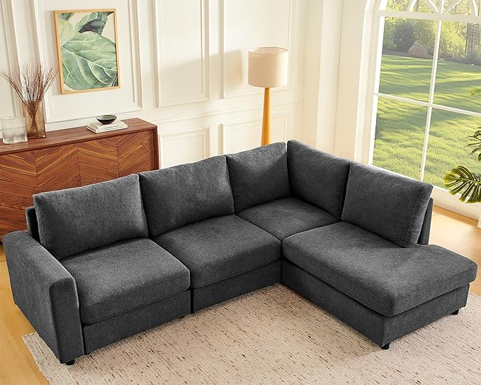 100 L-Shaped Couch with Reversible Chaise Chenille Modular Sectional Sofa 4-Seater Corner Couch for Living Room Apartment Dark Grey