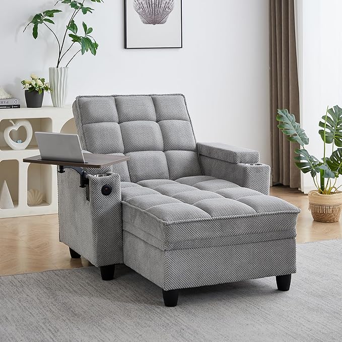41.7 Oversized Chaise Lounge Chair Indoor Boucle Upholstered Sofa Bed with Adjustable Backrest Deep Seat Reading Chair Sofas Couches for Living Room Storage Cup Holders &amp 360° Swivel Side Ta