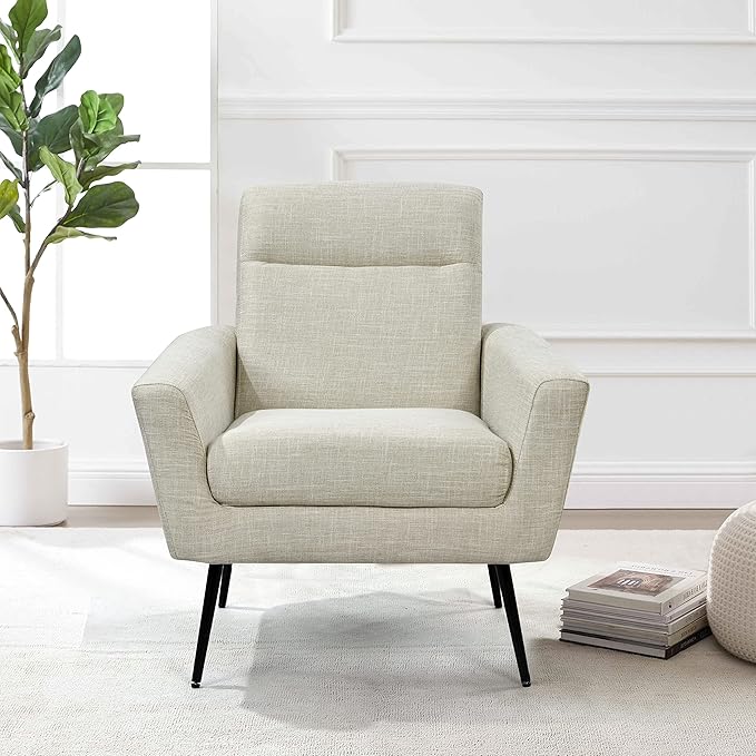 Mid Century Modern Upholstered Fabric Accent Chair Living Room Bedroom Leisure Single Sofa Chair (with Metal Legs) TV armrest seat Suitable for Small Space Home Office Coffee ChairBeige