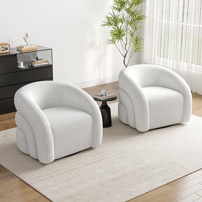 UIXE Swivel Barrel Accent Chair Boucle Upholstered Arm Chair for Living Room Modern Round Armchair Comfy Reading Sofa Seat with Solid Metal Base Fully Assembled - White