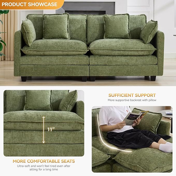 76'' Cloud Deep Seat Loveseat Upholstered Chenille Modular 2-Seats Sectional Sofa Couch Modern Comfy Settee Loveseat for Living Room Set Small Apartment Green