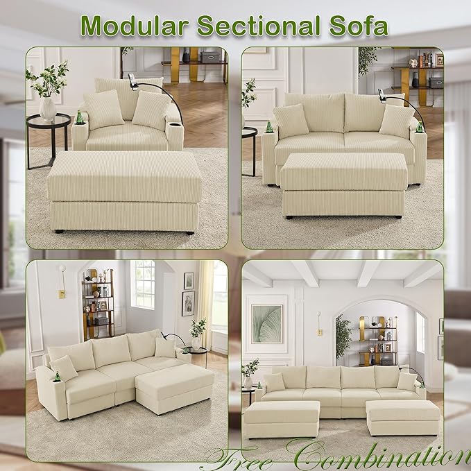 42 W Comfy Living Room Chair with Storage Armrest Corduroy Accent Chair with Two Cup Holders Oversized Reading Chair with A Phone Holder Rack for Living Room (Beige)