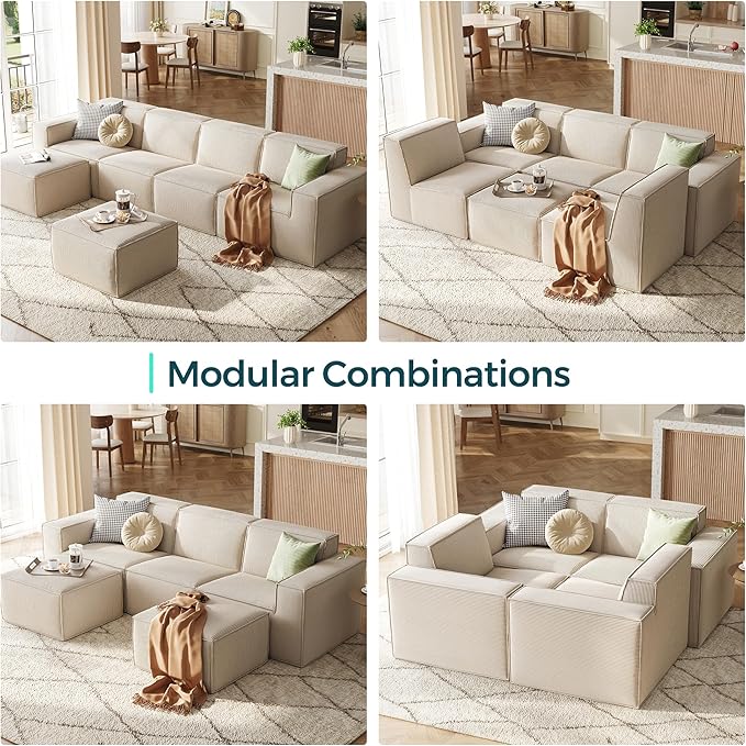 LINSY HOME Modular Sectional Sofa 134 Boneless Couch U Shaped 4-Seat Sofa with 2 Movable Ottomans Corduroy Sectional Cloud Couches for Living Room No Assembly Required Beige
