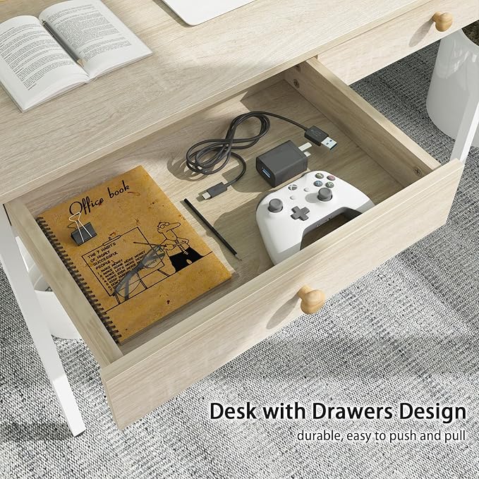 Weehom Computer Desk with Drawers Home Office Desk for Writing Studying and Gaming - Sturdy and Spacious Workstation for PC and Laptop(Beige)