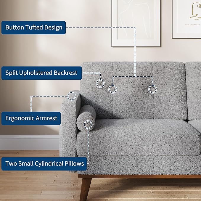 IDEALHOUSE 65 Mid Century Modern Couch Sofa Loveseat Comfy Love Seat Couches for Living Room 2 Seater Teddy Fleece Boucle Upholstered Deep Seat Couch for Bedroom Office Small Space Grey