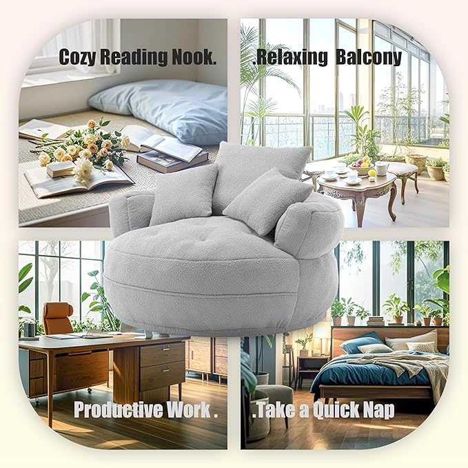 QQU 48“ W Oversized Round Barrel Chair with 3 Pillows Large Round Lounge Barrel Chair for Home Oversized Leisure Single Sofa with Armrests Circle Couch for Living Room Apartment Grey