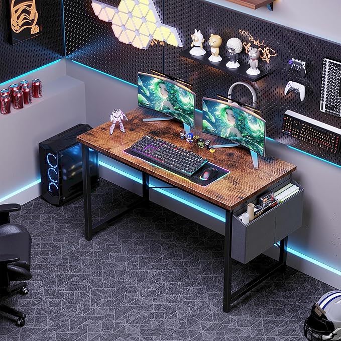 OLIXIS Computer Desk 47 Inch Home Office Desks for Small Spaces Gaming Writing Study Work Table with Storage Bag for Bedroom Rustic Brown