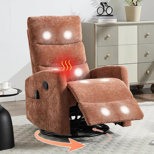 Luxlen Manual Swivel Rocker Recliner Chair with Massage Overstuffed Recliner Glider with Vibration Massage and Heat for Nursery Living Room Reclining Sofa Chair Fabric Orange