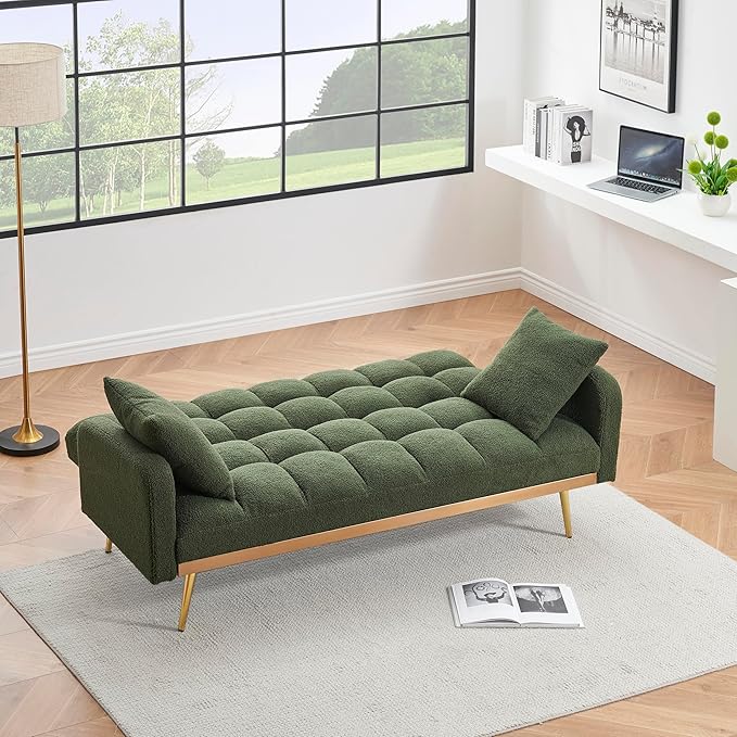 KEIKI 69 Folding Futon Sofa Couch w/Adjustable Backrest Mid Century Modern Loveseat Convertible to Sleeper Bed Small Comfy Teddy Cloud Couch SofaBed for Living Room &amp Bedroom 2 Pillows Green